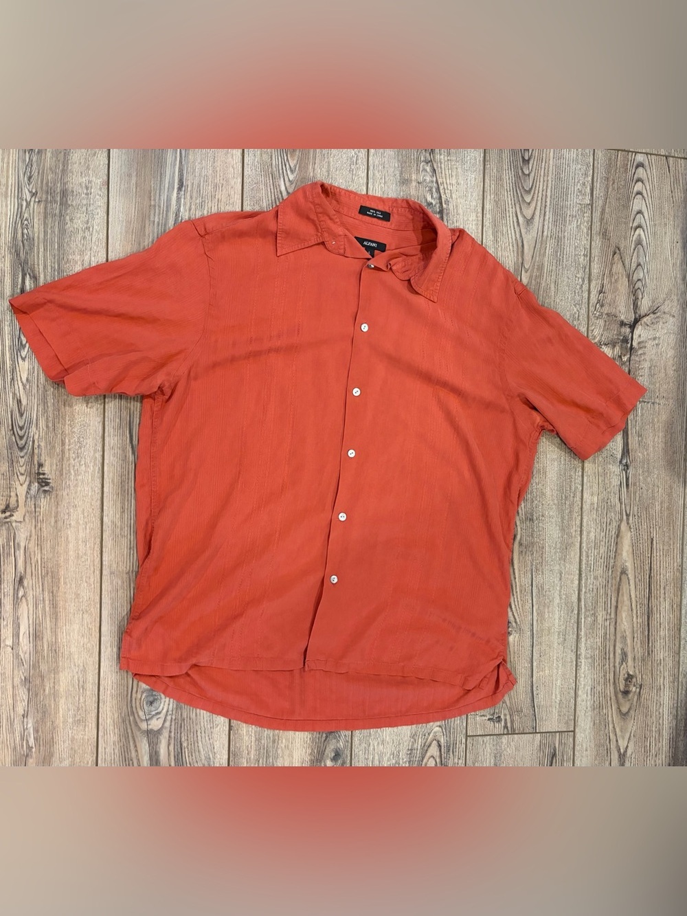 Alfani 100% Silk Button Up Shirt Men's Large Orange Textured Short Sleeve